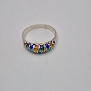Colorful (green, orange, blue) Inlay Sterling Silver Women's Ring Size 9 1/4.